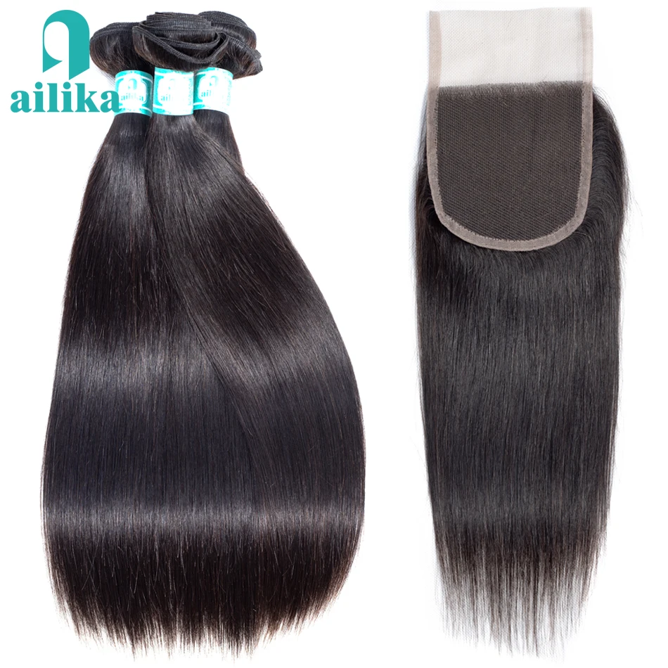 

AILIKA Indian Straight Bundles with Closure Natural Color 4*4 Closure With Human Hair Bundles Human Hair with Closure Non Remy