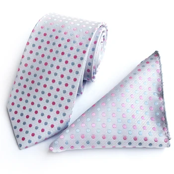 

Wholesale 8cm Men Formal Necktie Pocket Square Set for Wedding Silver with Red Dots