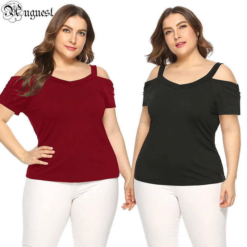 Uguest  Large Size Women's Clothing T-shirts Hollow Out Short Sleeve V-neck Summer T-shirts Solid Black Red Tops Big Size Tshirt