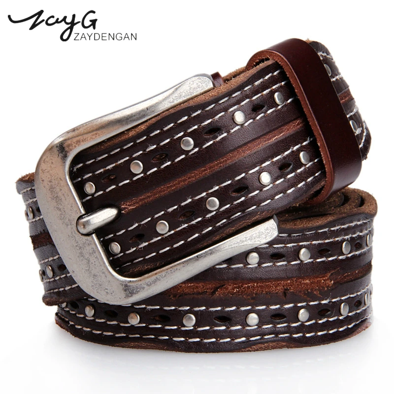

ZAYG Hot Punk Print Vintage Women and Man Leather Belt Engraved Cowboy Personality Metal Rivet Pin Buckle Belt Brown Coffee Belt