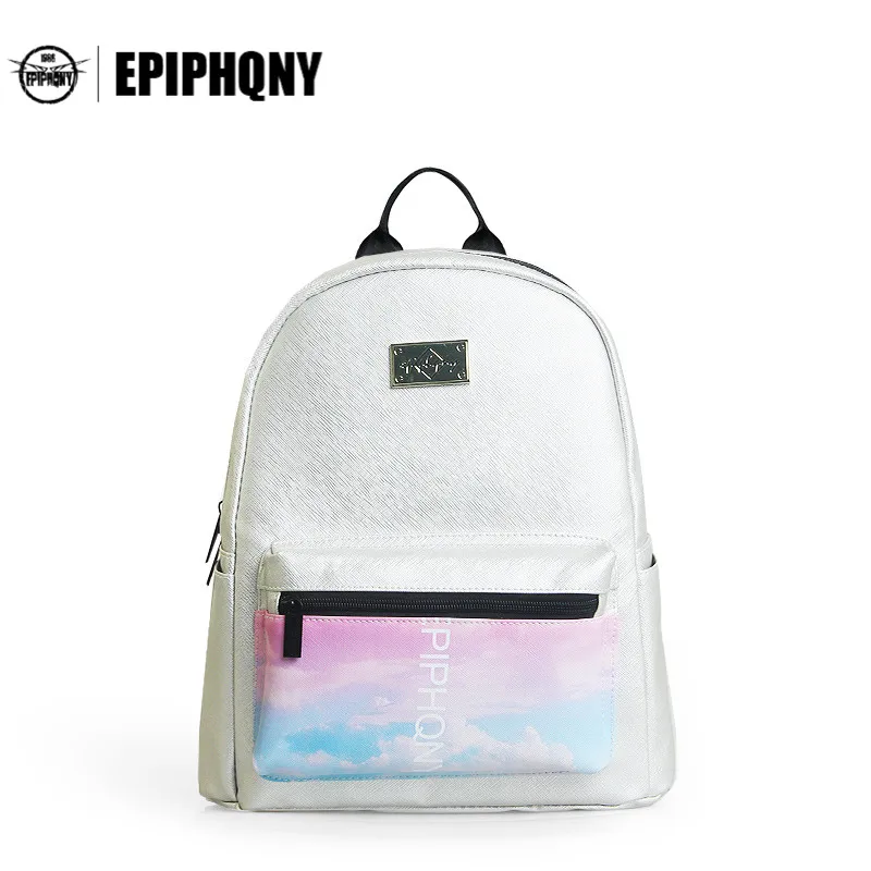 

Epiphqny Brand Silver White Leather Backpack Women Printing Sky Backpacks College Shoulder Bagpack Bag for Girls Fresh