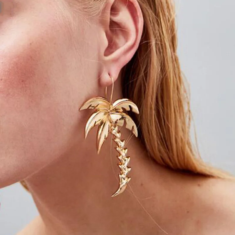 

Exaggerated Heavy Metal Gold Color Tropical Coconut Palm Tree Drop Earring For Women Girl Bohemia Jewelry Plant Leaves Brincos