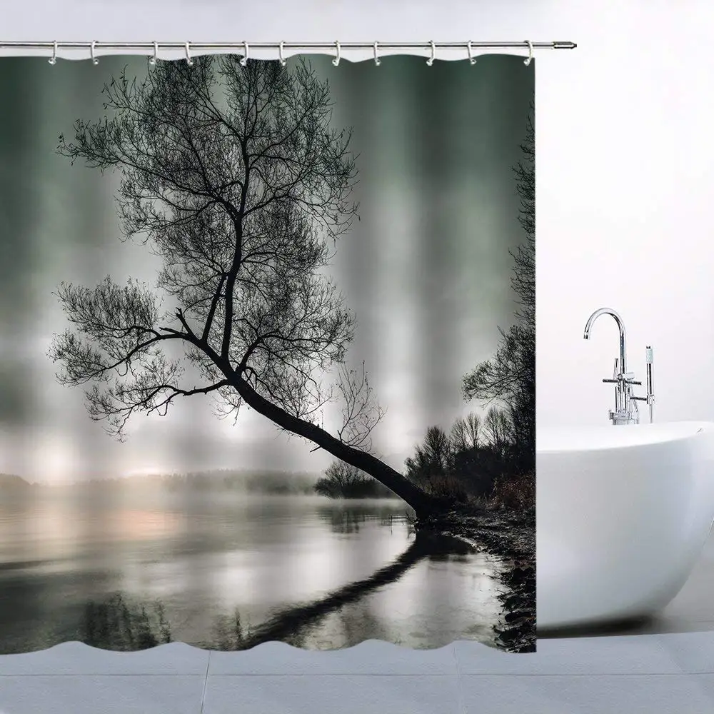 Personality Waterscape Theme Shower Curtain Dark Sky Mist Lakeside Long