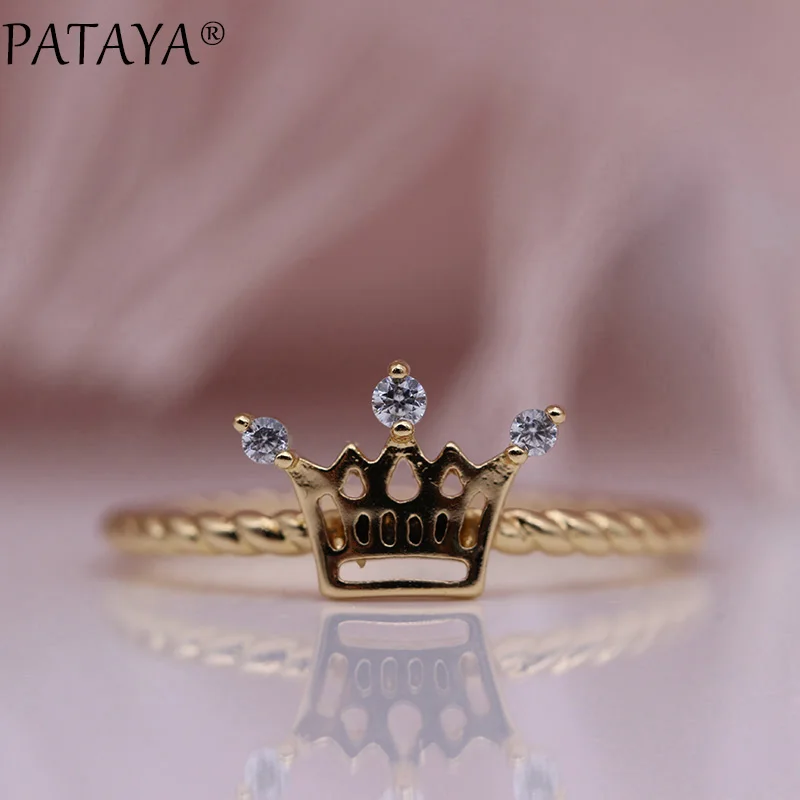 

PATAYA New Cute Crown Lady Rings 585 Rose Gold Hollow Spiral Ring White Round Natural Zircon Women Wedding Party Fashion Jewelry