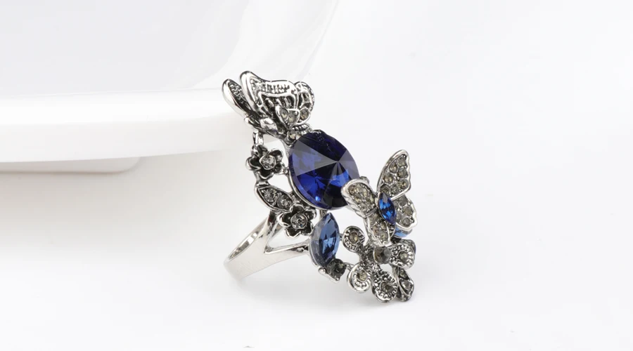 Wbmqda Hot Purple Stone Butterfly Rings For Women Fashion Antique Silver Color Wedding Jewelry Big Rhinestone Ring Party Gift