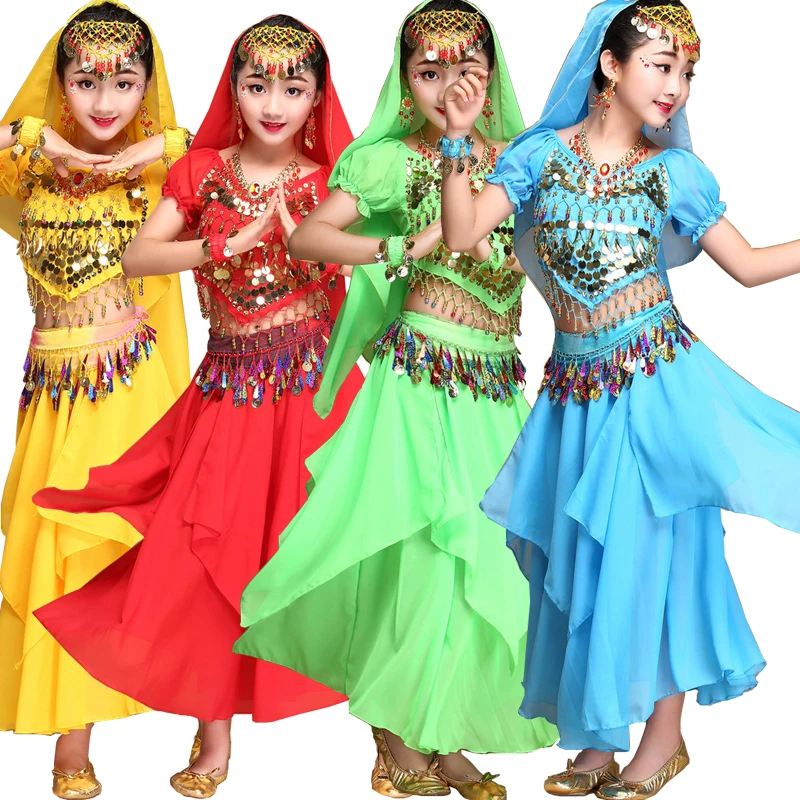4 шт. детское платье для танца живота с ремнем и цепочкой|belly dance dress|blue belly dancekid |