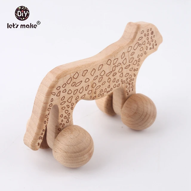 Let's make Cheetah Beech Wooden Animals Leopard Car 2pcs Cartoon Montessori Toy For Children Teething Car Seat Stroller Baby Toy 1