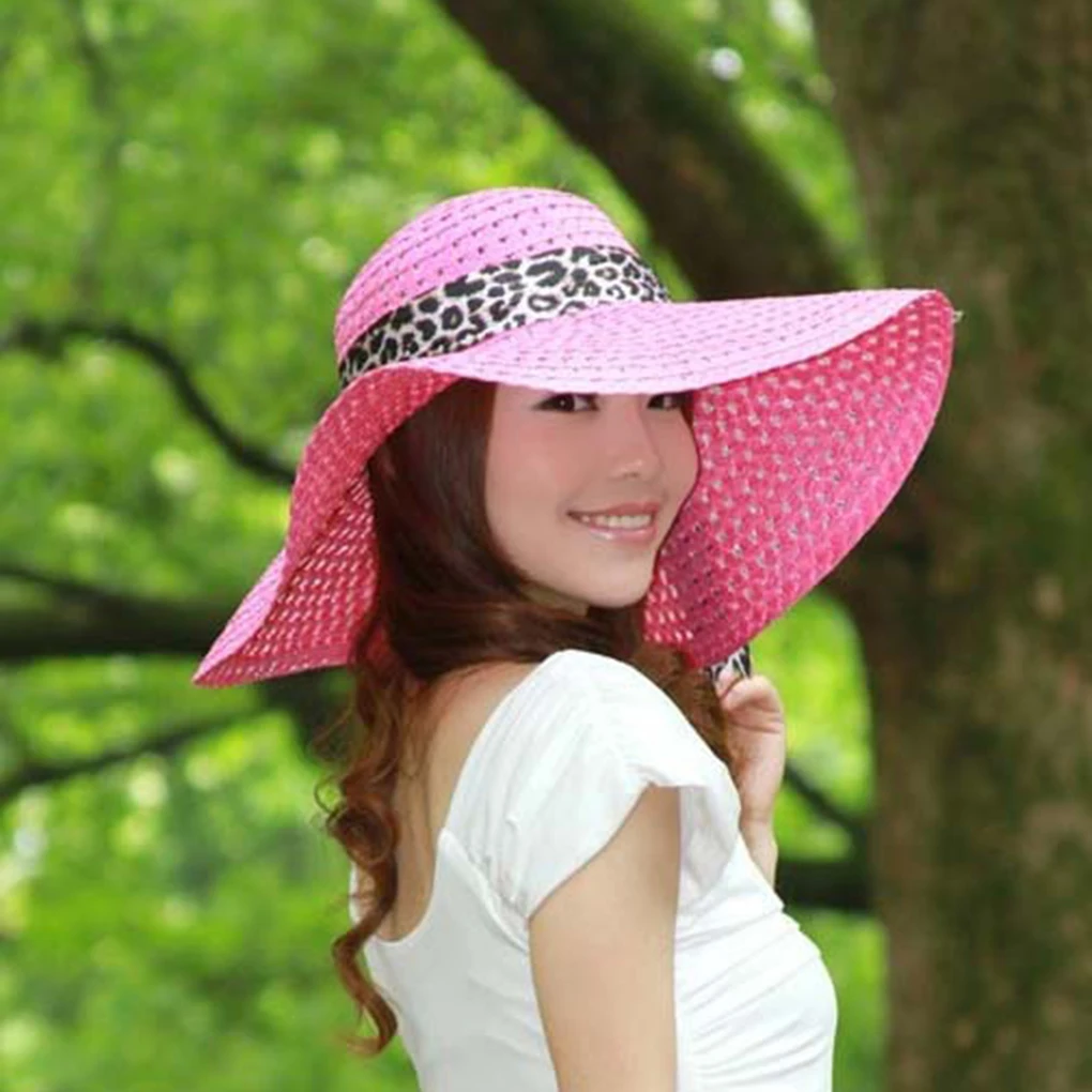 

2019 Summer Straw Hats For Beach Sun Hats Bowknot Leopard Ribbon Hollow Cap Large Brim Visor For Women