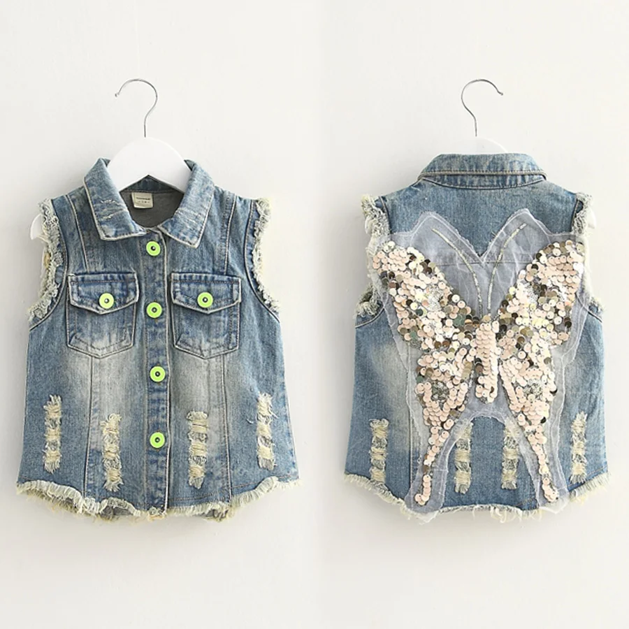 

Fashion new 2017 spring autumn tide explodes the children female baby sequins butterfly denim waistcoat vest shawl of the girls