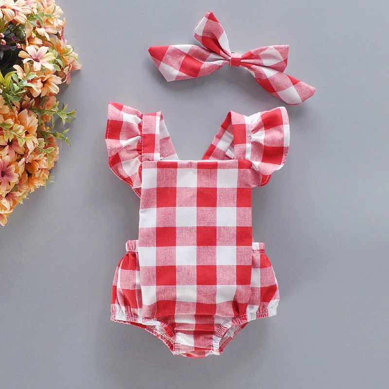 LILIGIRL Newborn Backless Jumpsuit Infant Clothes Baby Girl Romper Cotton Red Plaid Triangle Headband 2pcs Set | Мать и ребенок