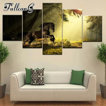 

FULLCANG diy 5 piece diamond painting forest black horse animal full square/round drill mosaic embroidery multi-picture FC704
