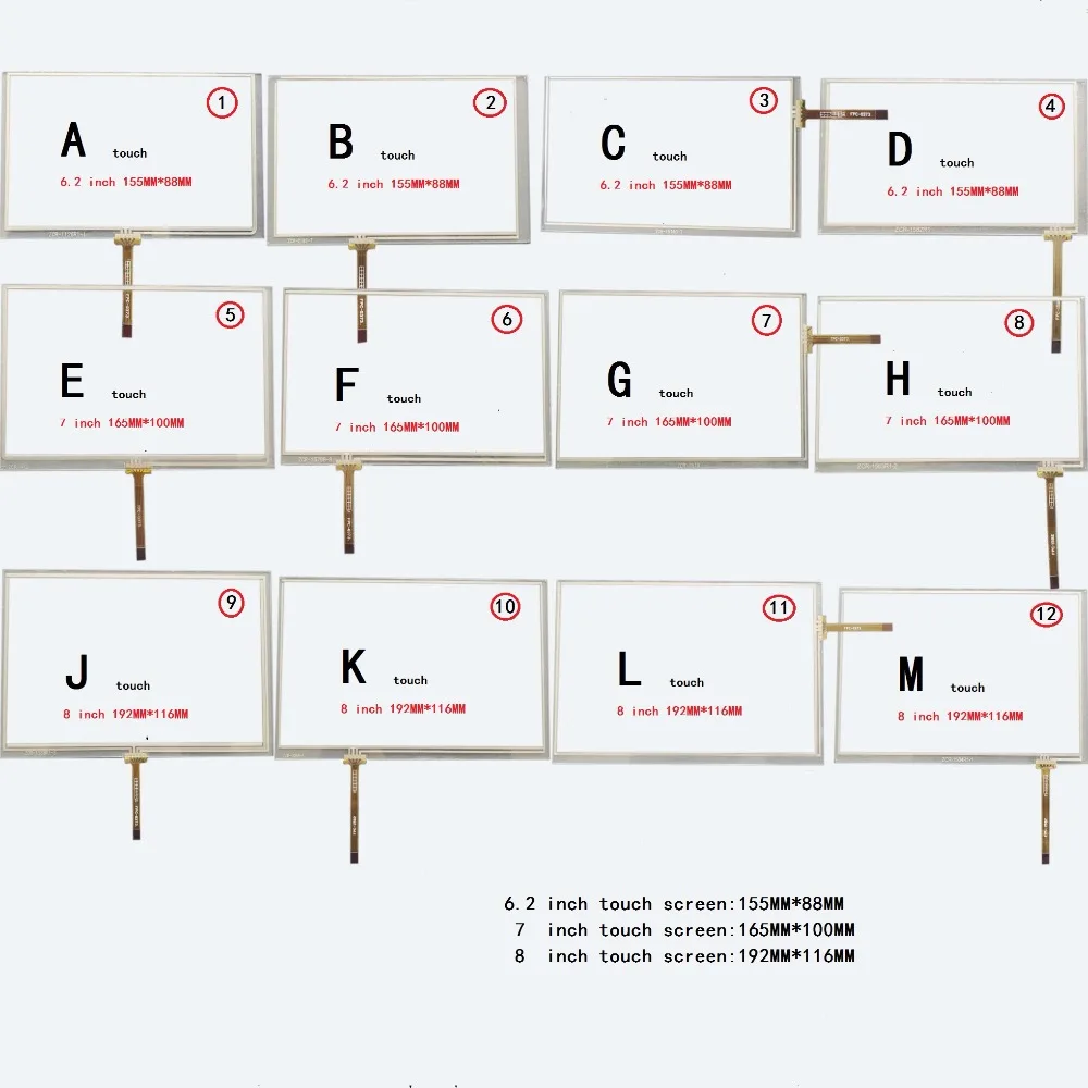 

6.2 inch 155*88 7 inch 165*100 8 inch 192*116 192*117 touch screen Resistive touch panel