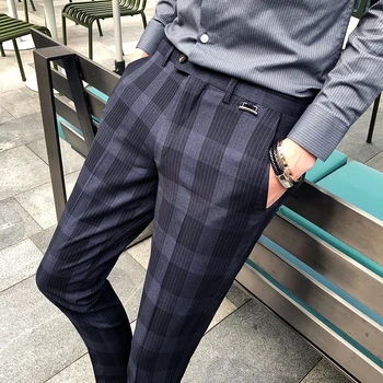 

2019 spring and summer British fashion slacks Chinese style thin section slim nine pants trend men's big plaid Blue Khaki