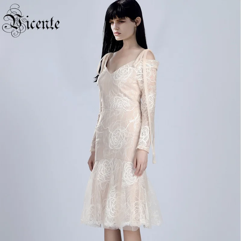 

Vicente 2019 Trendy Lace Floral Sexy Lace-up Spaghetti Strap Off The Shoulder Long Sleeves Celebrity Party Knee Length Dress