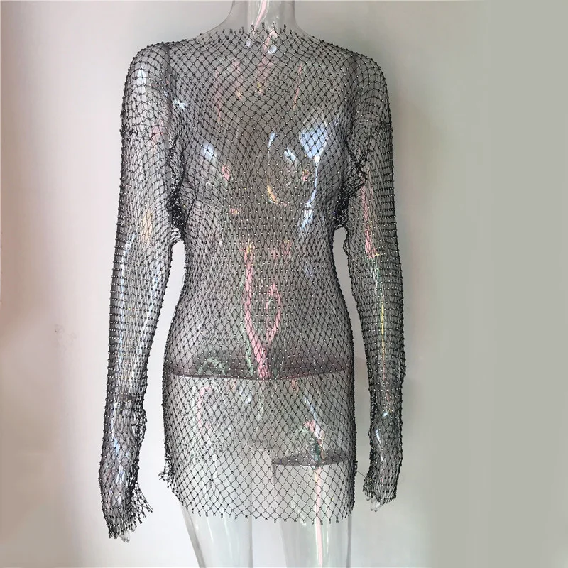Летнее сексуальное Сетчатое платье с пайетками в стиле пэчворк для женщин, вязанные крючком, выдалбливают стразы, с длинным рукавом, вечерние, Клубные, прозрачные, с запахом, мини-платья