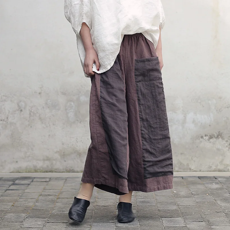 

Johnature Women Linen Wide Leg Pants Elastic Waist 2019 Spring New Patchwork Pockets Vintage Women Cloths Casual Pants Soft