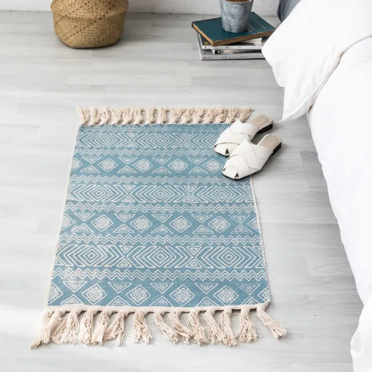 INS килим ковер ручной работы геометрический богемский индийский ковер клетчатый полосатый современный синий белый дизайн в скандинавском стиле богемский коврик tapetes