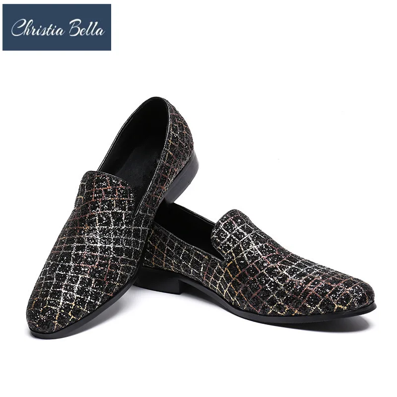 

Christia Bella Handmade Sequin Black Men Dress Shoes Men Wedding and Party Loafers Men's Flats Summer Slippers Plus Size 38-46
