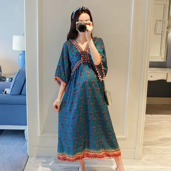 

2019 Fashion Print Long Maternity Dresses Three Quarter Sleeved Vestidos Maternity Clothes For Pregnant Woman Pregnancy Clothes