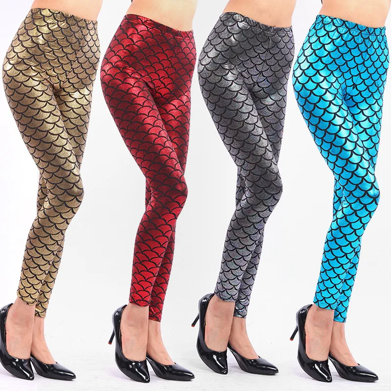 

lady fish Scale leggings spring autumn Summer mermaid pants black silver blue pink gold colorful fake leather leggings