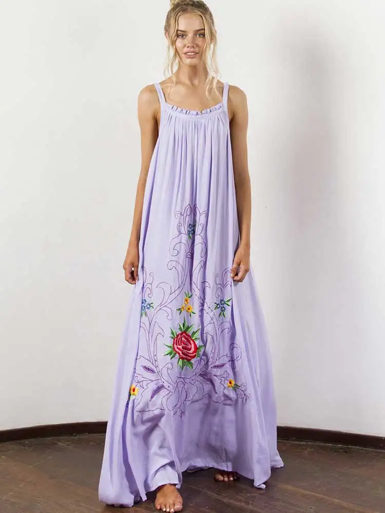 

BOHO INSPIRED Women's embroidered maxi dress gathered neckline dipped back strappy summer dresses white cotton beach dresses
