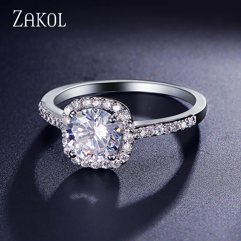 ZAKOL Round CZ Wedding Rings for Women Silver Color Jewelry Luxury Rings Engagement Square Bague Zirconia Accessories FSRP117