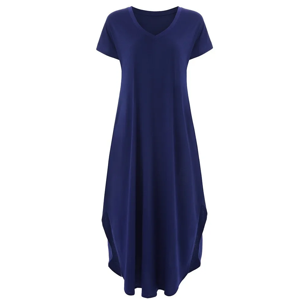 Женское повседневное Свободное длинное платье с карманами, женское платье с коротким рукавом, женское платье-футболка, однотонное винтажное платье с v-образным вырезом - Цвет: Blue