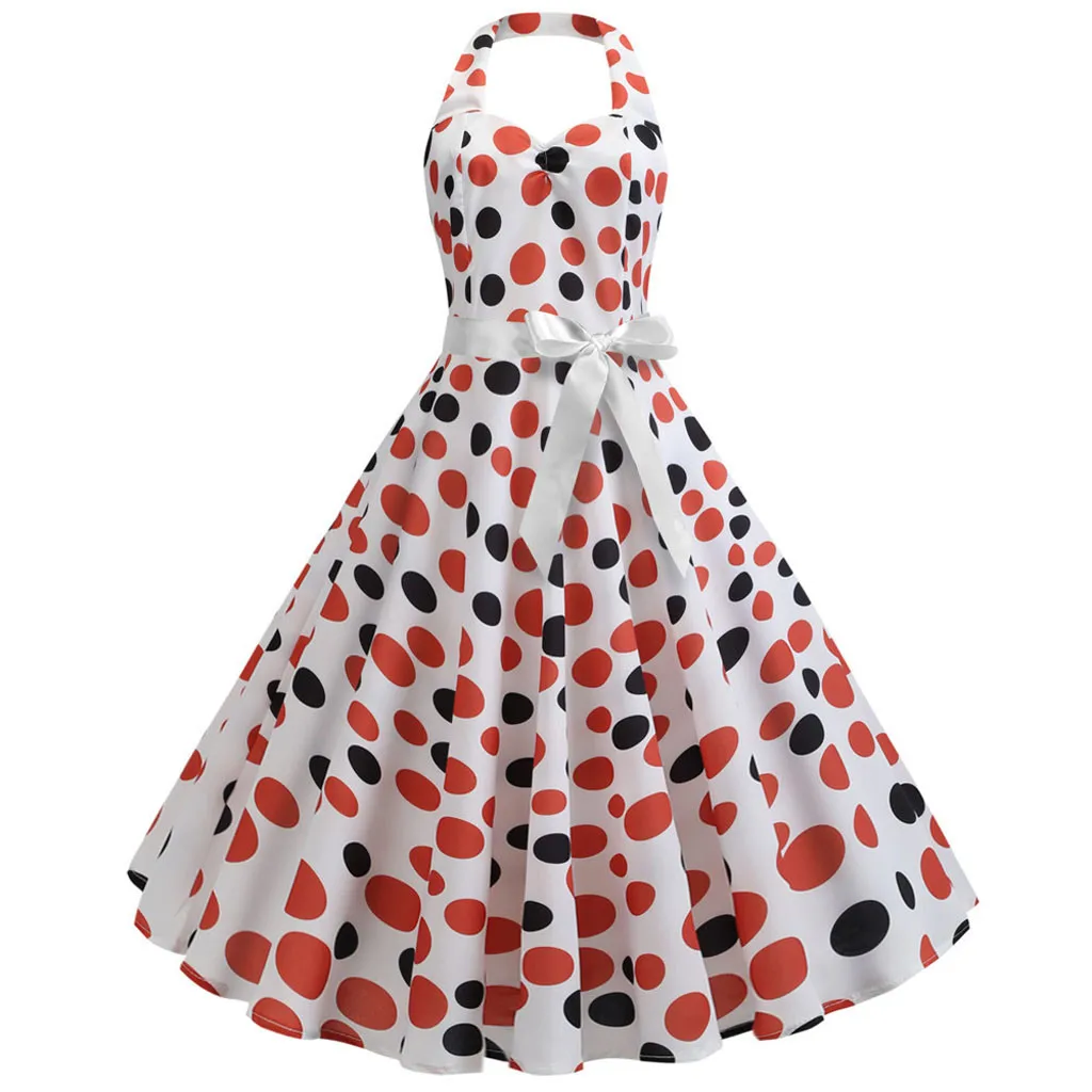 

Women's Vintage Dresses Summer Sleeveless Halter Dot Print Evening Casual O-Neck Belt Party Prom Swing Large Swing Midi Dress