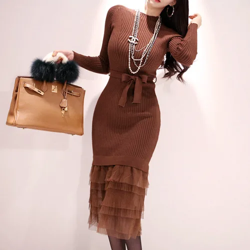 Bodycon Ruffles Long Quality High Sleeve Party brown Jersey Black Mesh Knited Work length Turtleneck Dress Knee Sweater Dresses Business XwxCz