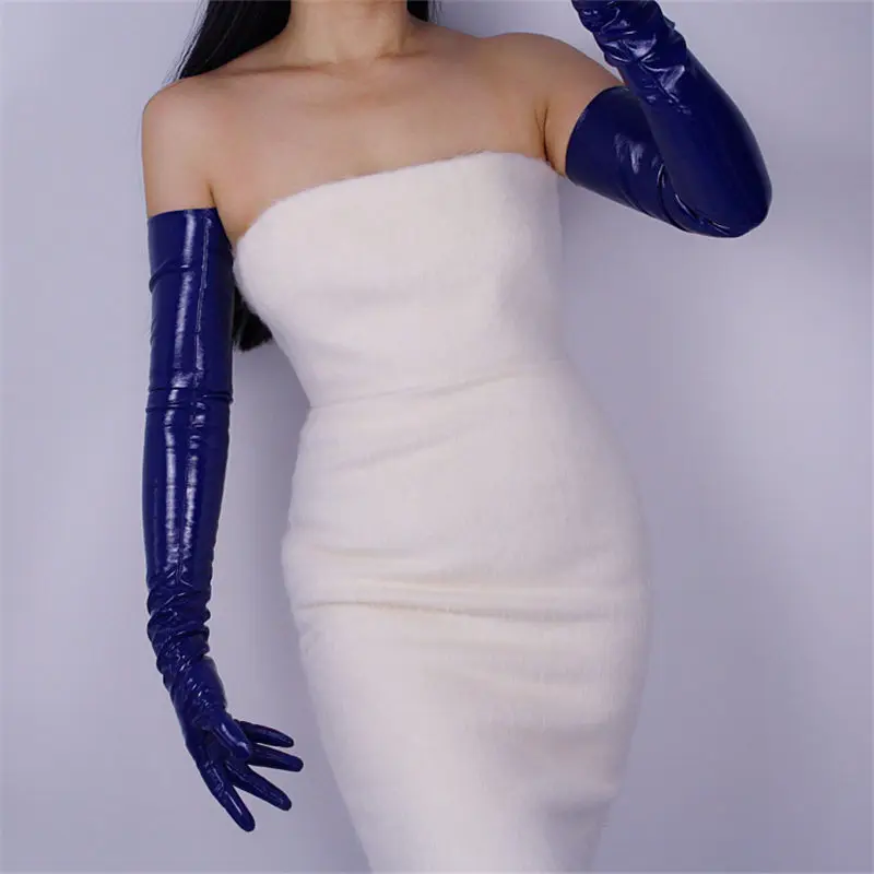 Extra Long Gloves Woman Long Section Simulation Leather PU Warm Female Patent Leather Gloves Bright Dark Red 70cm P56