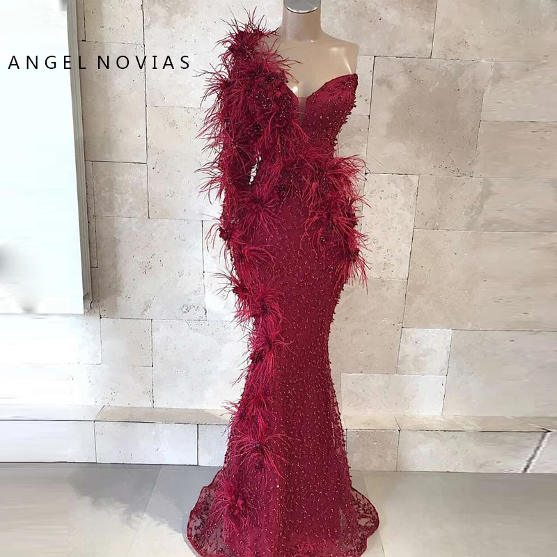

Long Mermaid One Shoulder Evening Dresses 2019 with Feather Moroccan Kaftan Formal Prom Party Gown