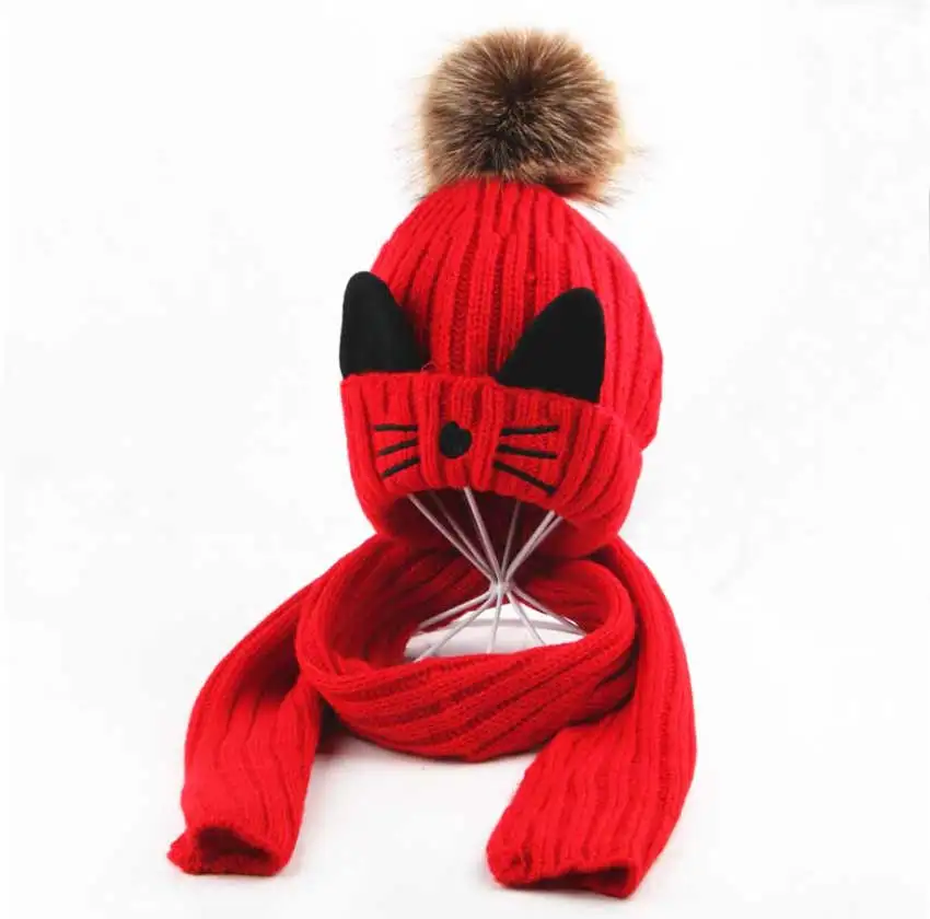 

Winter Hat And Scarf Set For Children Girls Kids Cap Scarves Boys Ribbed Knitted Fur Pompom Cap Warm 2 Pcs Suit Cat Design M5300