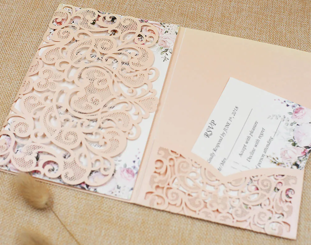50X белый оставить розовый/бордовый цветок три раза лазерная резка, для свадьбы юбилей пригласительные набор/Поздравительные открытки/RSVP - Цвет: a142 peach