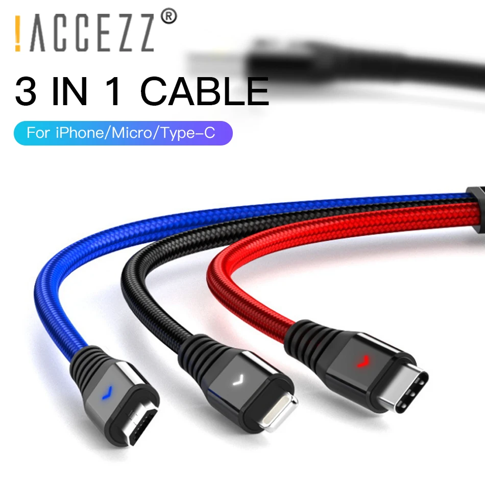 

!ACCEZZ 3 in 1 USB Cable 2.4A Micro USB Type C Mobile Phone For iPhone X XR XS Samsung S9 S8 Xiaomi Fast Charging Data Wire Cord