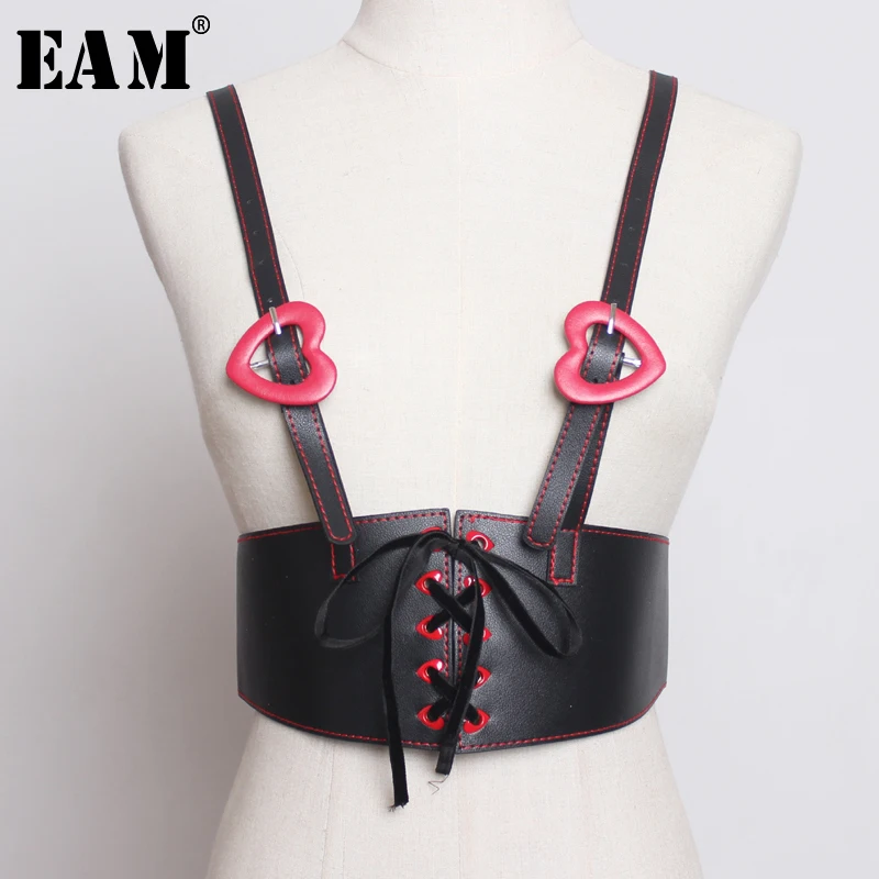

[EAM] 2019 New Spring Summer Pu Leather black bandage buckle split joint Personality wide belt Women Fashion All-match JW719
