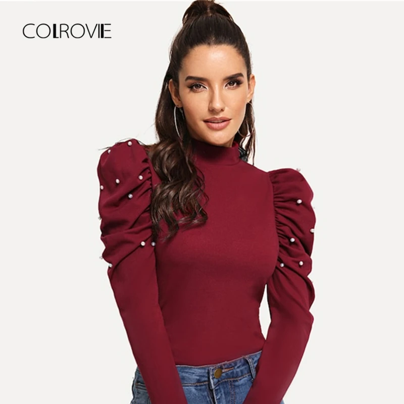 Kaufen COLROVIE Burgund Perlen Perlen Mock Neck Puff Sleeve Weihnachten Elegante Bluse 2018 Herbst Mode Süßen Frauen Tops Und Blusen