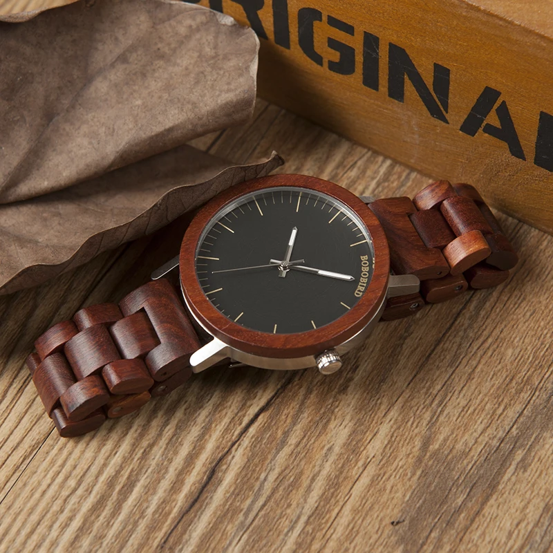 BOBO BIRD Red Wooden Band Watches Men Natural Handmade Japan Movement Quartz Wood Wristwatches relogio masculino C-M16