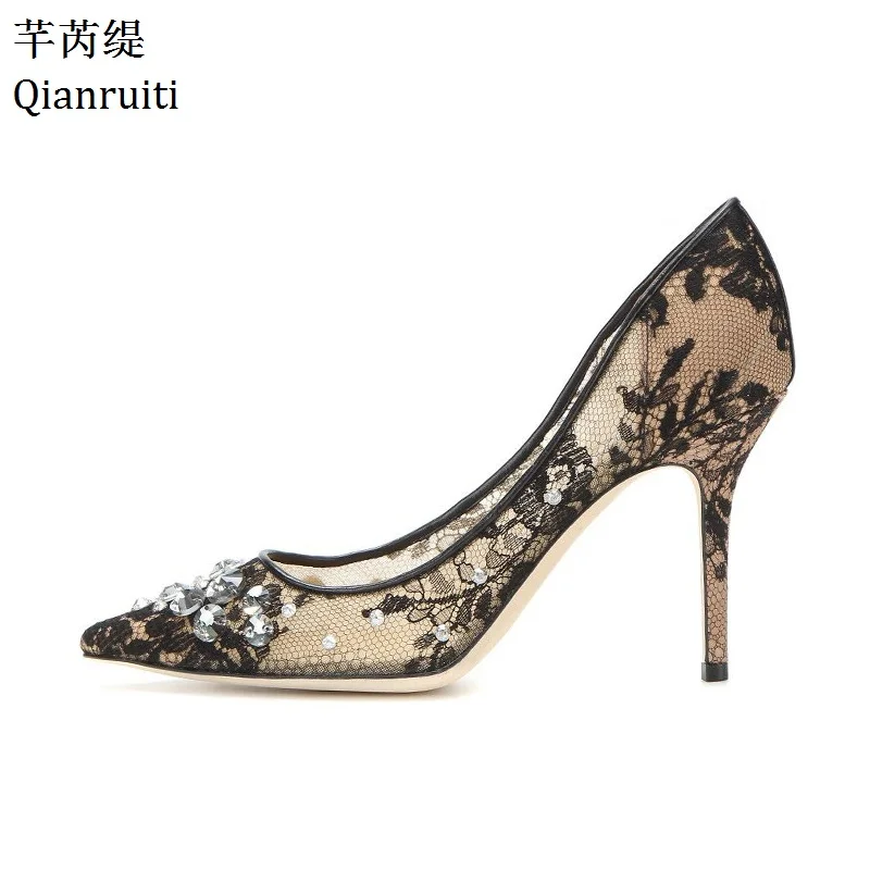 

Qianruiti New Embroidered Lace High Heels Shoes Studded Crystal Bridal Wedding Shoes Sexy Pointed Toe Thin Heels Women Pumps
