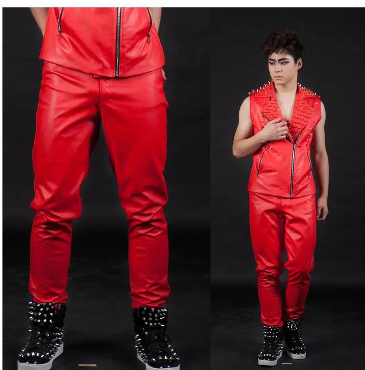 tæppe prik afrikansk Red zipper man faux leather trousers pants for the mens PU leather 1 pants  men 1 Stage star performers Customizable