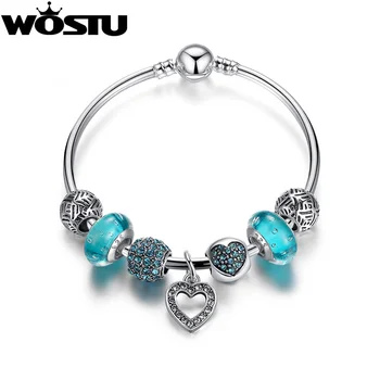

Hot Sale Silver color Blue Heart Charm Bangle For Women Fashion DIY Beads Original Bracelet Jewelry Lover's Gift XCH3801