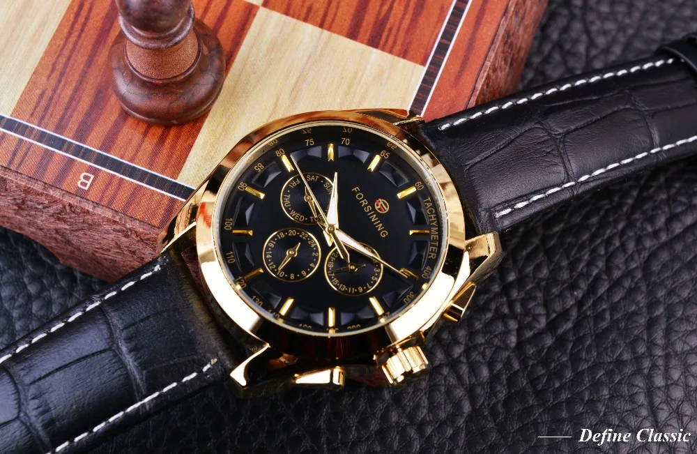 Forsining ретро модные дизайнерские три циферблата украшения из натуральной кожи золотые мужские роскошные брендовые автоматические механические часы
