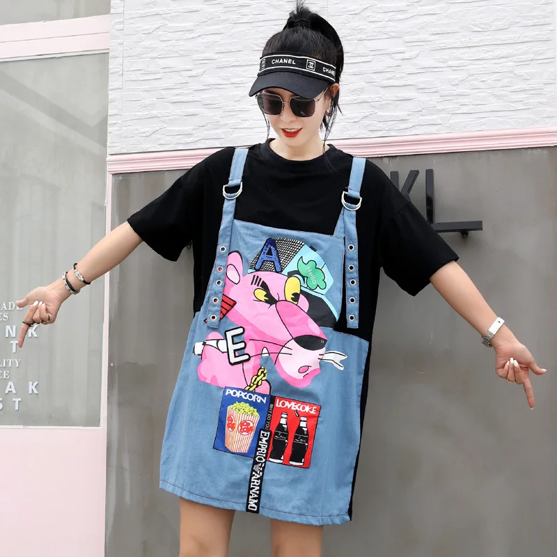 

2019 summer new tide brand pink leopard print sequins short-sleeved T-shirt female large size loose sets of fake two-piece shirt