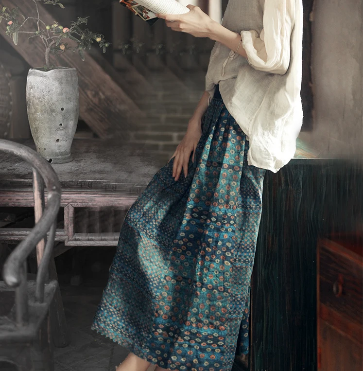 

Women's Ethnic Printing Patchwork Elastic Waist Long Skirt