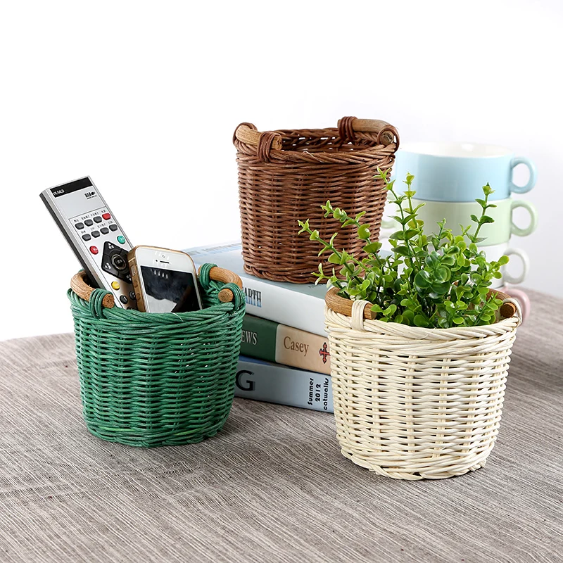 

American Style Household Manual Rrattan Weaving Snacks Remote Control Mini Storage Basket Desktop Green Plant FlowerPot