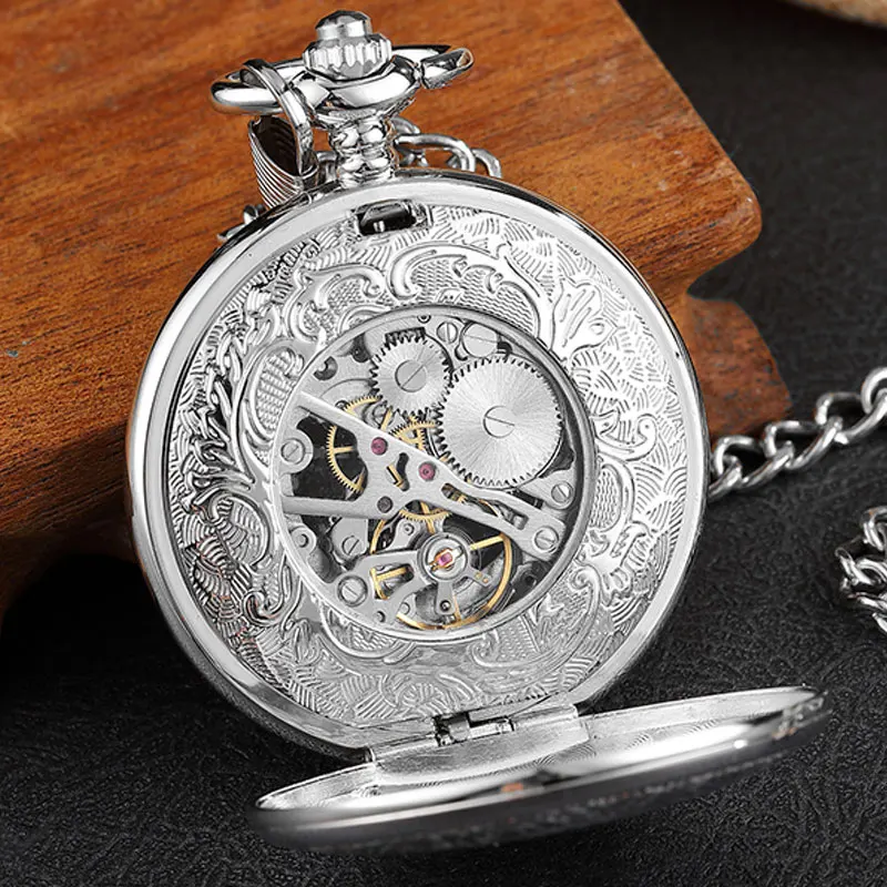 Винтажные серебряные ручные механические карманные часы для мужчин, полый механизм, двухсторонний стимпанк Скелет, брелок, часы, ожерелье с цепочкой