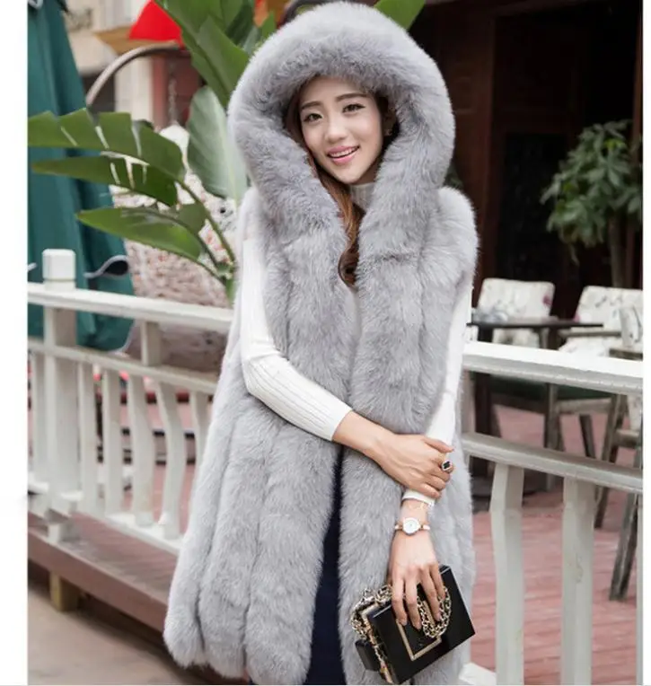 

2019 Waistcoats Womens Faux Fur Sleeveless Jackets Hooded Long Section Female Man-Made Fur Vest Coats 3Xl 6Xl Fur Vests S33