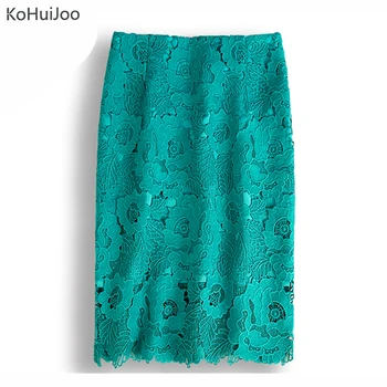 

KoHuiJoo S-4XL Green White Black Summer Sexy Lace Skirts Women Cut Out Runway Embroidery Pencil Skirt Plus Size Work Wear Skirt