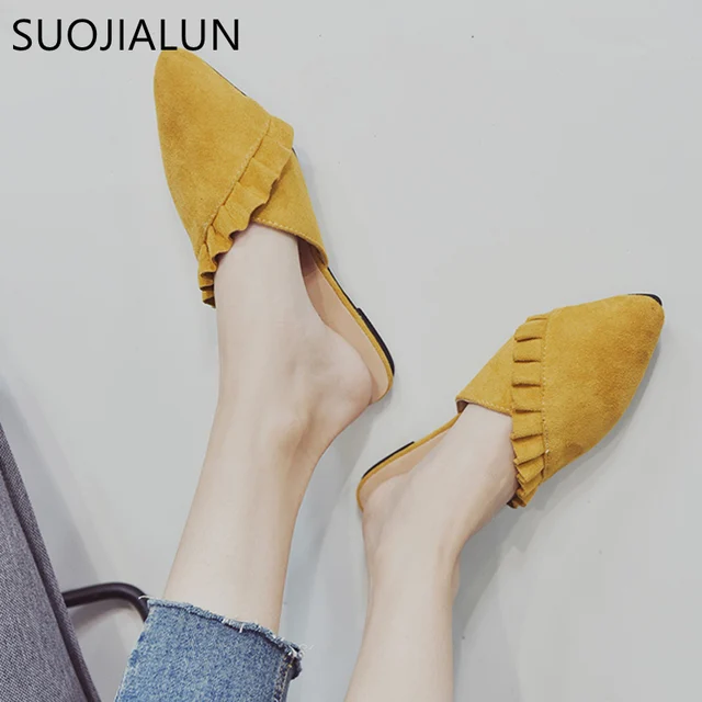 SUOJIALUN Women Slippers Flat Women Shoes Slip On Flat Mules Fashion Ruffles Ladies Shoes Fabric Platform Loafer Flip Flop