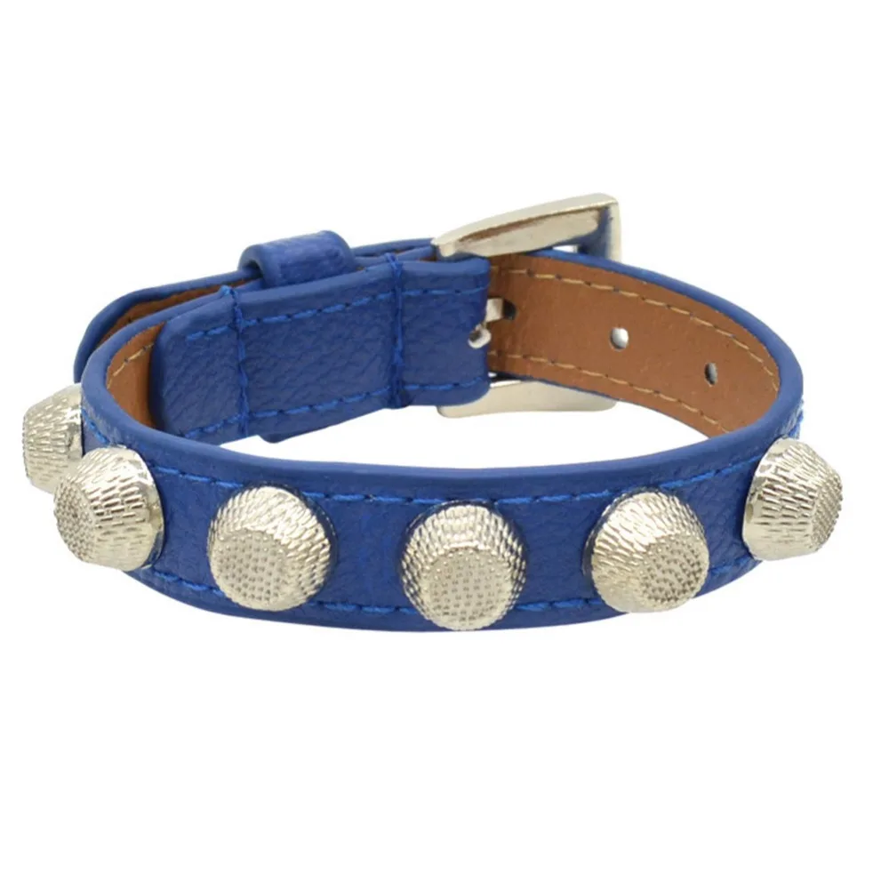 

New High Quality Punk Flat Head Rivet Buckle Blue Leather Bracelet