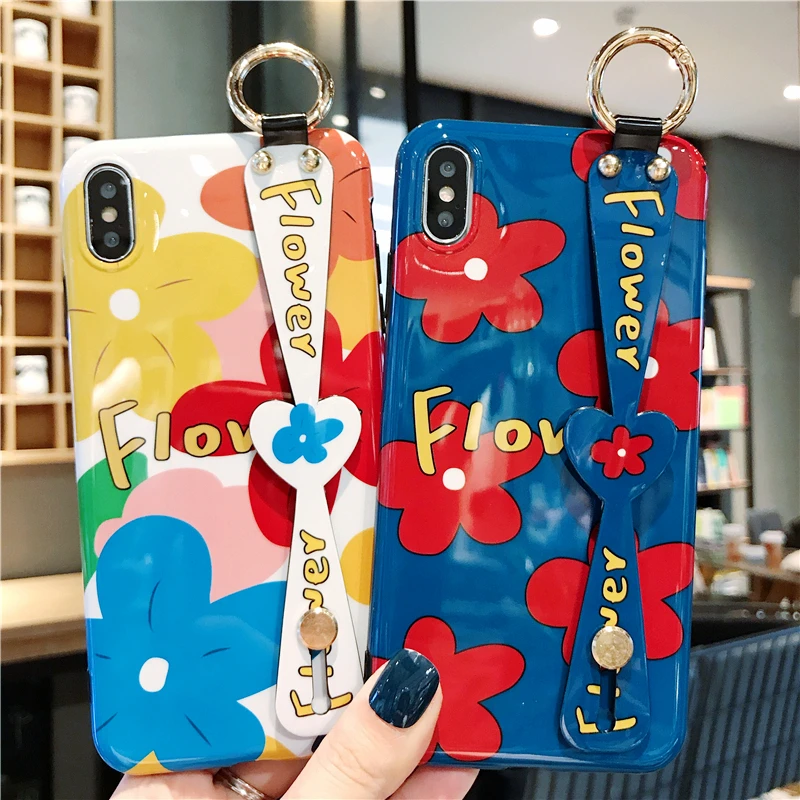 

Floral Case for iPhone 11 Pro Max XR 6 6S 8 7 Plus Lovely Flower Chic Wrist Strap Phone Stand Cover for iPhone XR X XS Max Case